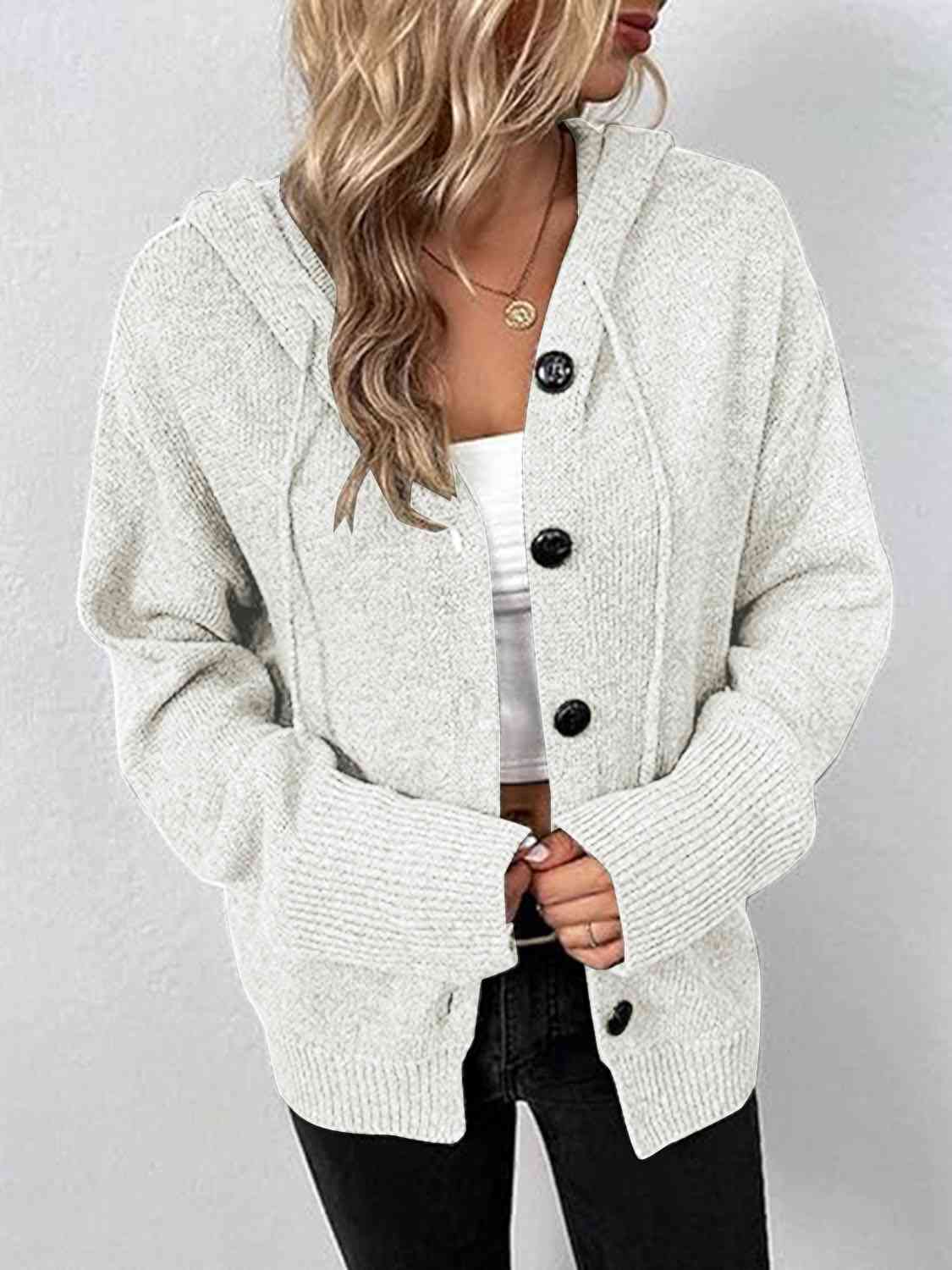 Button Up Drawstring Long Sleeve Hooded Cardigan (3 Colors)  Krazy Heart Designs Boutique   