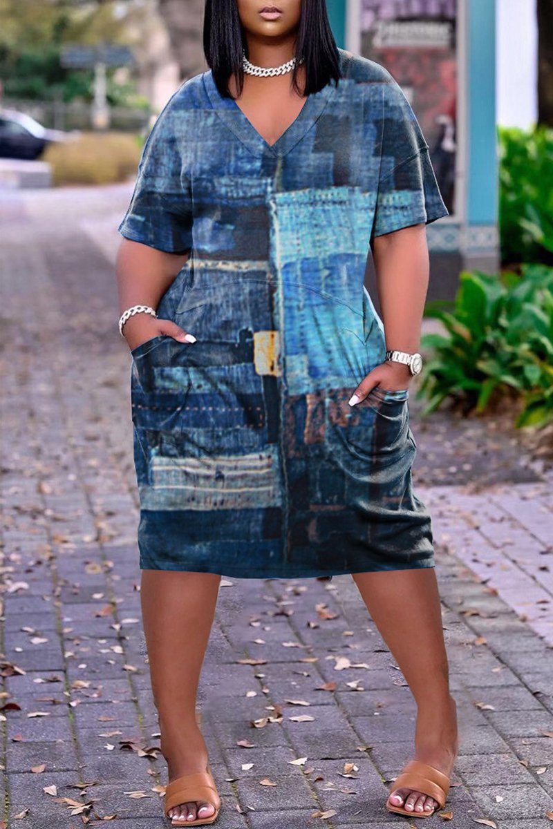 Rodress-freeshipping-plus-size-v-neck-print-pocket-dress