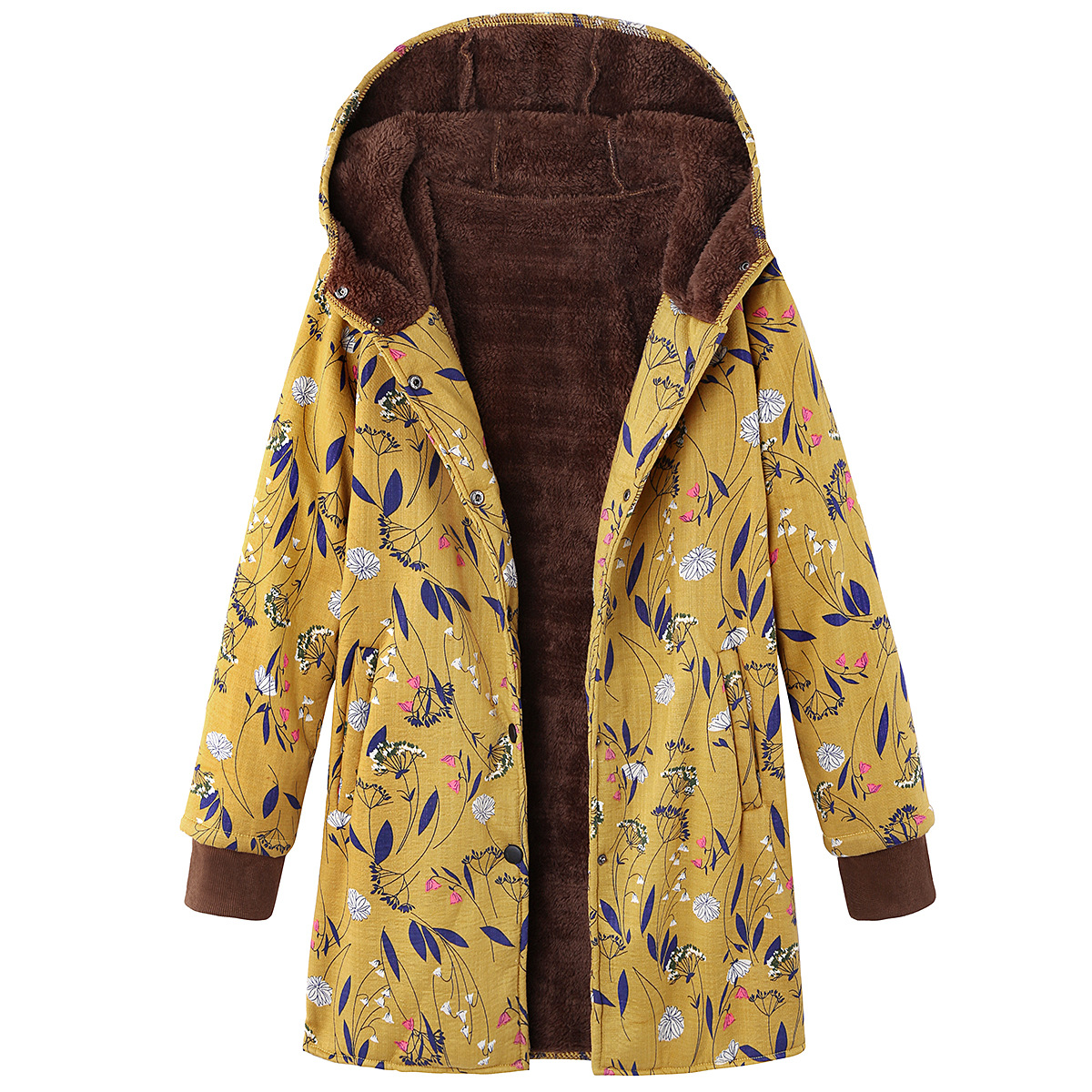 Floral Print Hooded Long Sleeve Pockets Vintage Jacket Coats - MRSLM