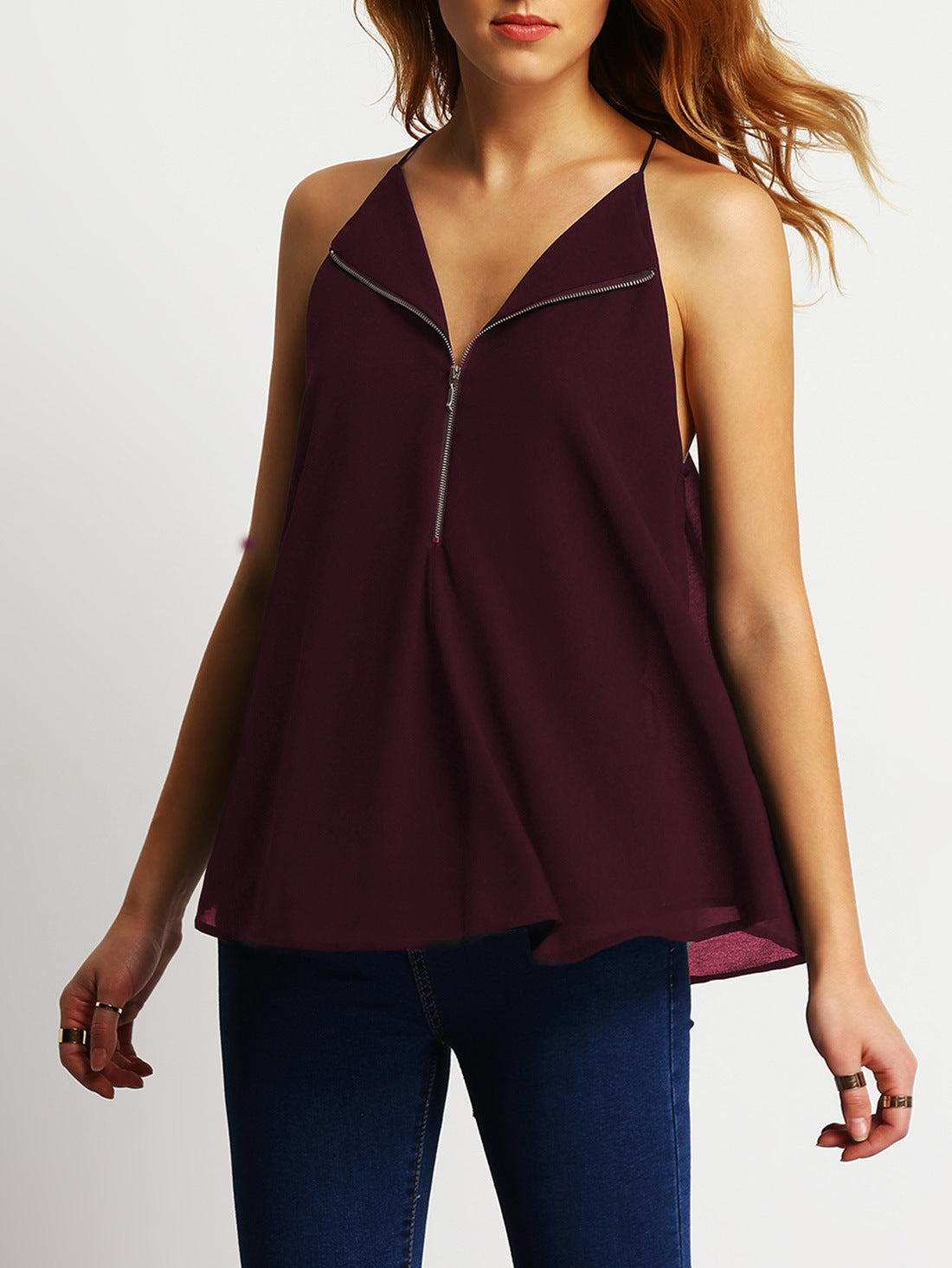 Zipper Spaghetti Strap Chiffon Casual Falbala Sleeveless Blouse