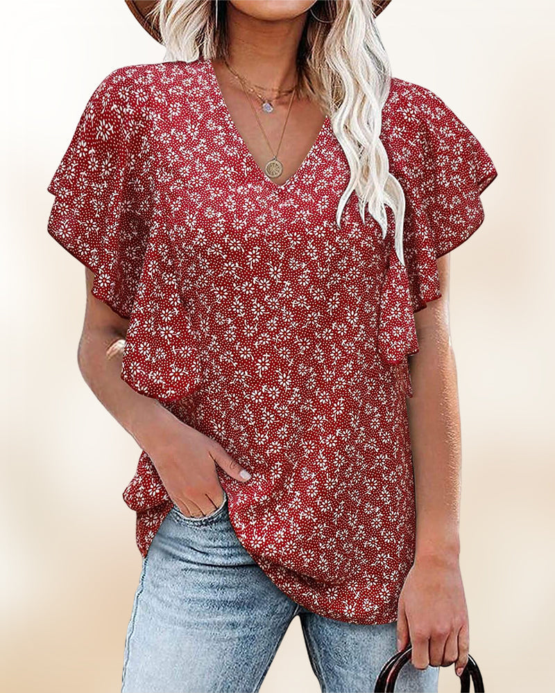 Trina® | Kurzärmelige Bluse mit V-Ausschnitt und Blumendruck