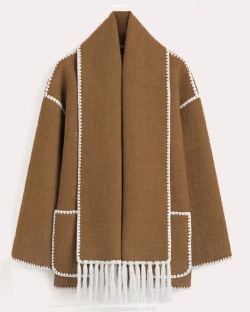 womens thickened loose woolen coat with fringed scarf