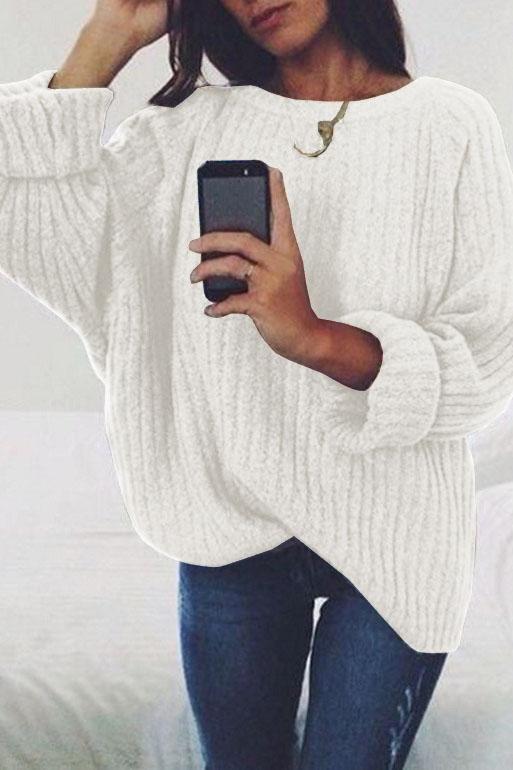 Pure Color Long Sleeves Scoop Regular Loose Sweater