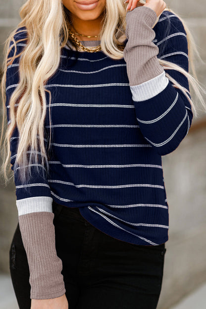 Aurorabelle Extend Color Block Cuffs Rib Knit Striped Pullover - Rebel Nomad