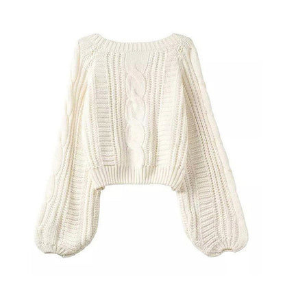 Cable Sleeve Coarse Yam Pure Color Pullover Sweater - May Your Fashion - 2