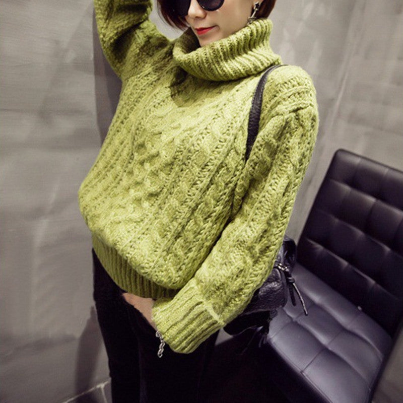 High Neck Pullover Loose Solid Color Knit Sweater