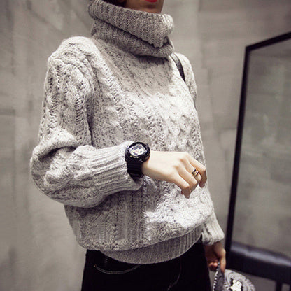 High Neck Pullover Loose Solid Color Knit Sweater