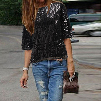 Sexy Sequins 1/2 Sleeve Scoop Loose T-shirt