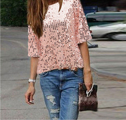 Sexy Sequins 1/2 Sleeve Scoop Loose T-shirt