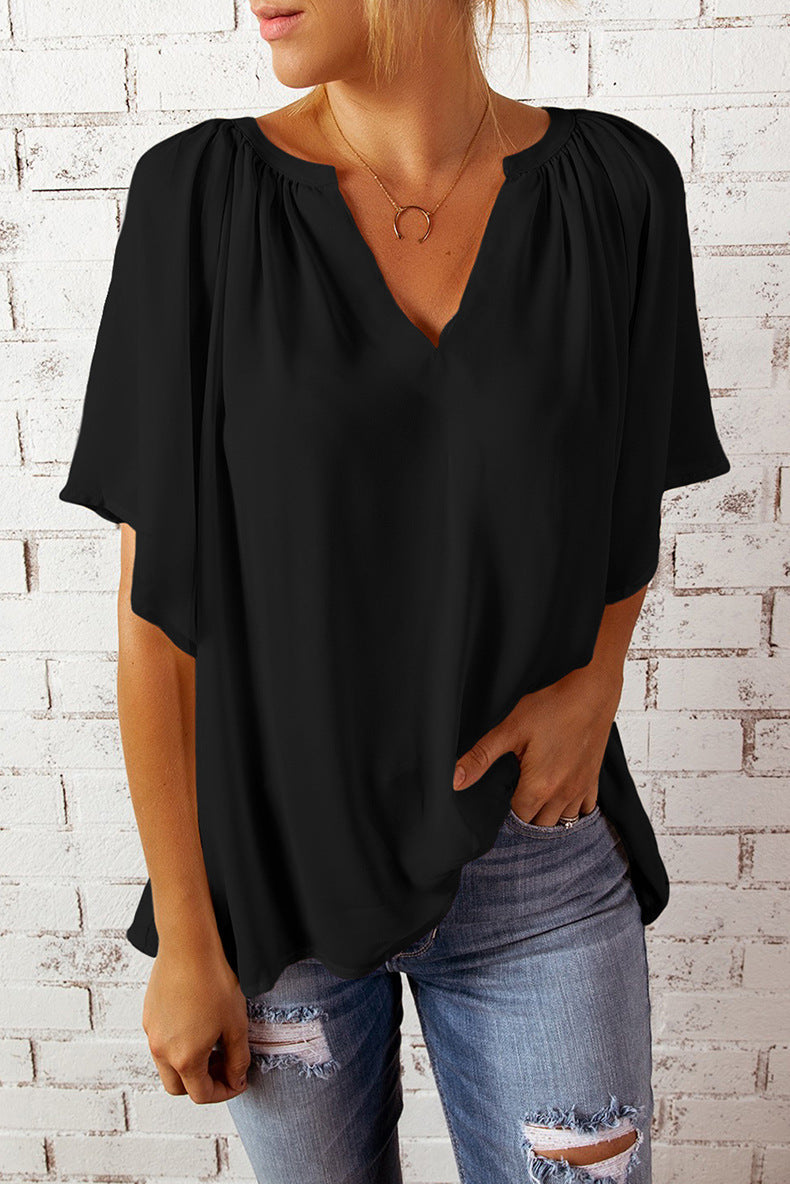 Tshirt  | Women's Loose Half Sleeve T-Shirt V-Neck Slim Fit | White |  L| thecurvestory.myshopify.com