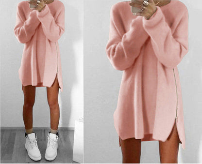 Leisure Loose Side Zipper Long Sweater Dress