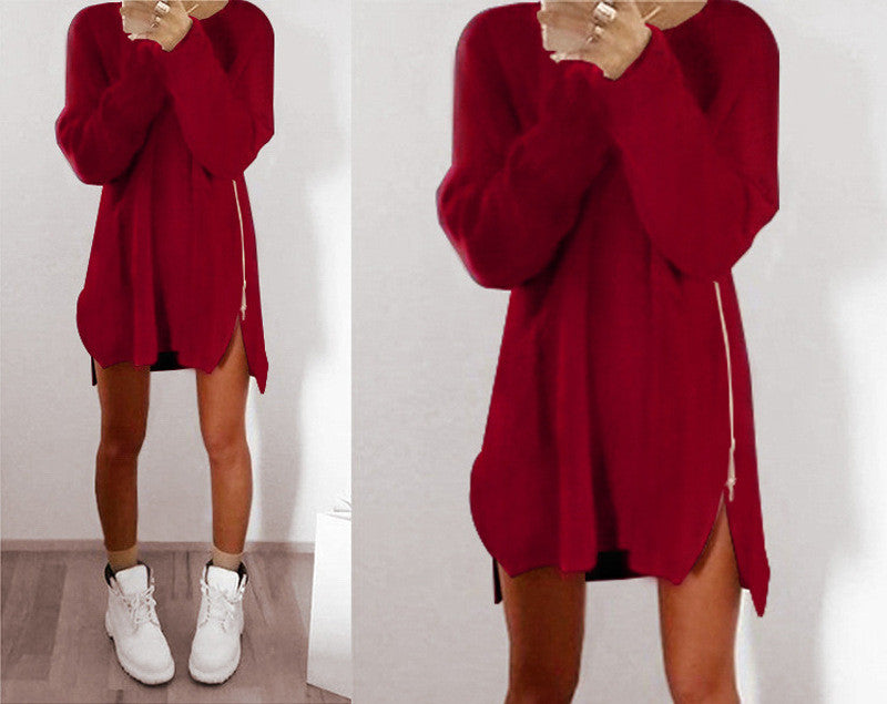 Leisure Loose Side Zipper Long Sweater Dress