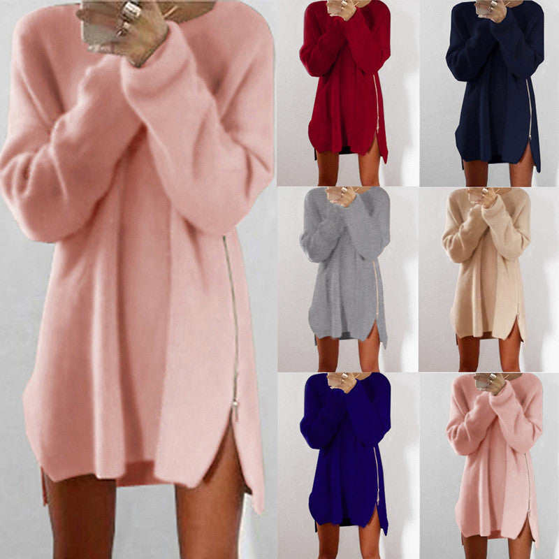 Leisure Loose Side Zipper Long Sweater Dress