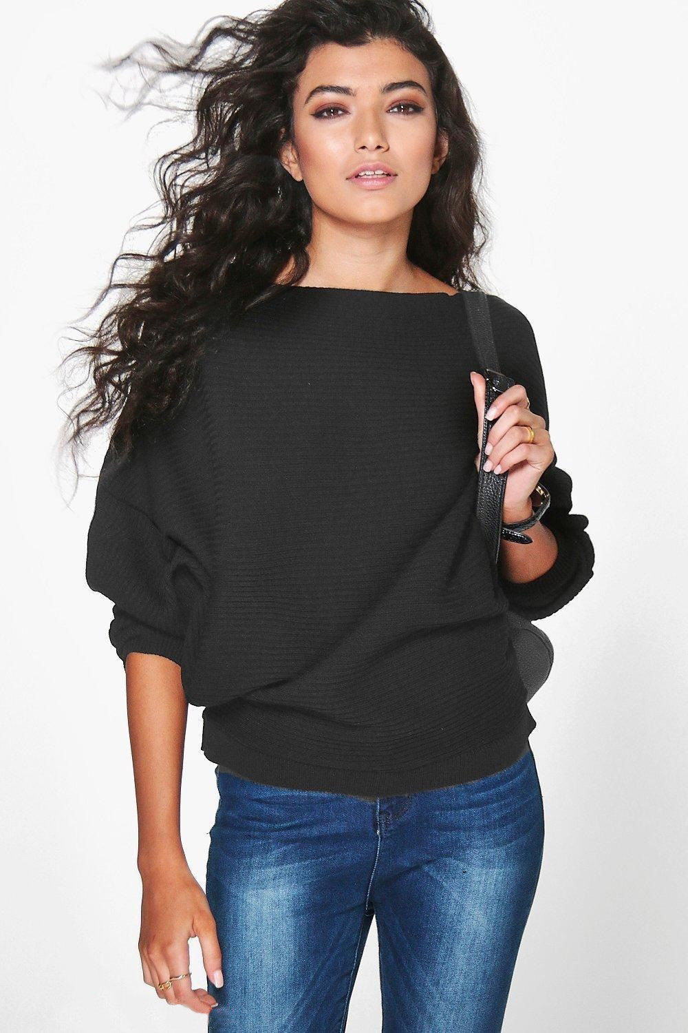 Fashion Loose Bat Sleeve Boat Neck Knit Women's Sweater