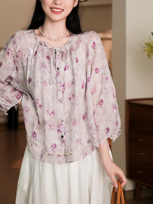 Lisa® | Women Summer Vintage Flower Button-Up Ramie Shirt