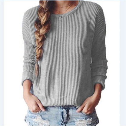 Long-Sleeved Round Collar Pure Color Loose Sweater