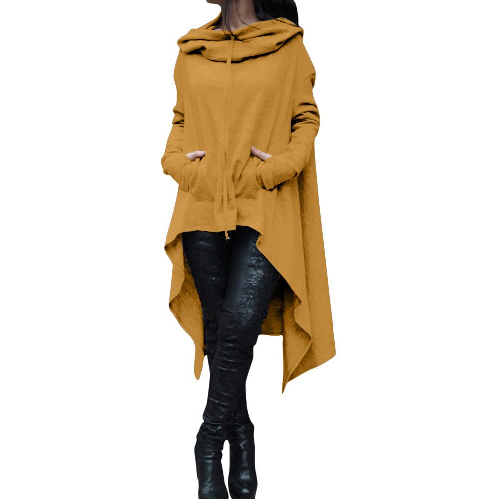 Solid Color Pile Neck Pocket Irregular Long Hoodie