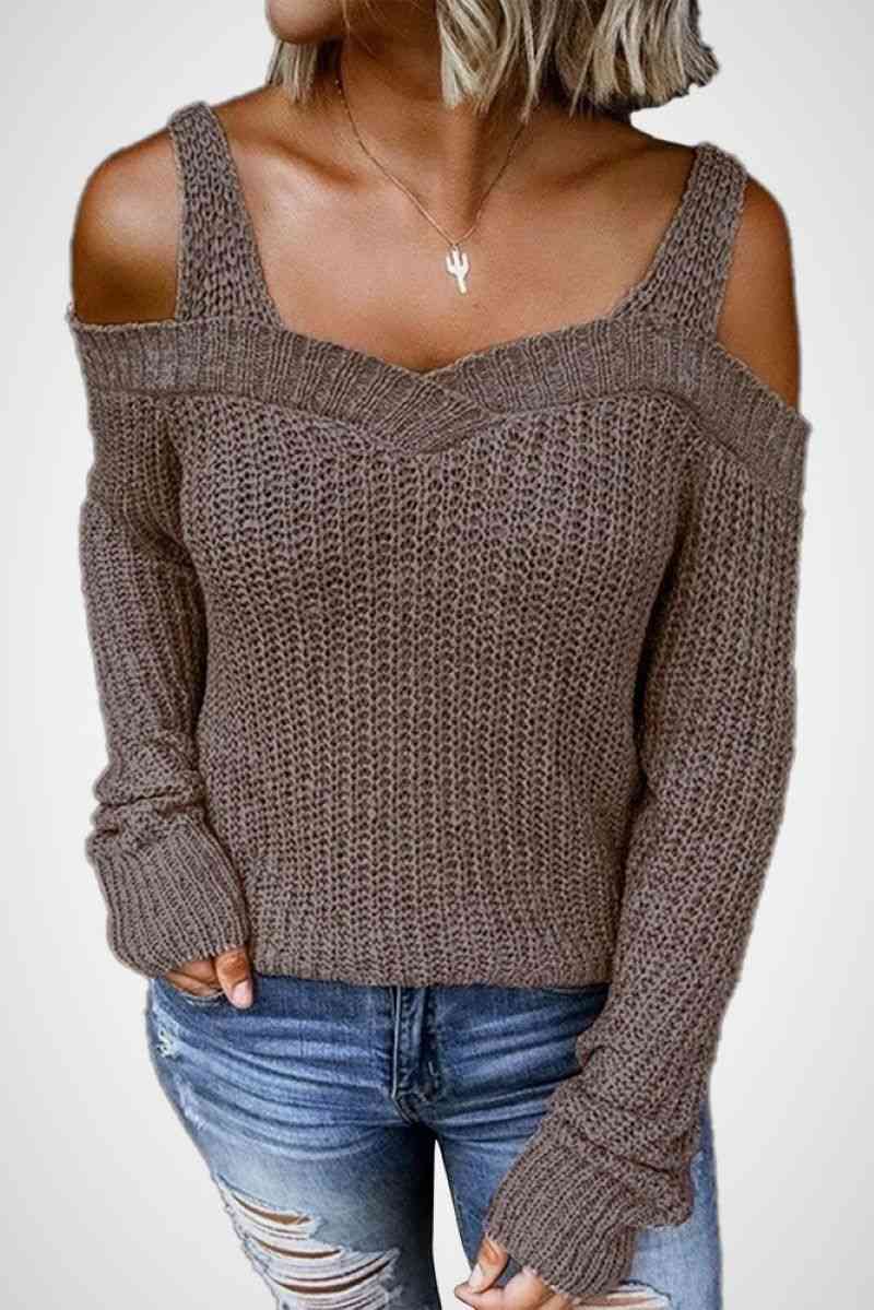 Long Sleeve Cold Shoulder Sweater - Men & women apparel, Women's swimwear, men's shirts and tops, Women jumpsuits and rompers, women spring fashion