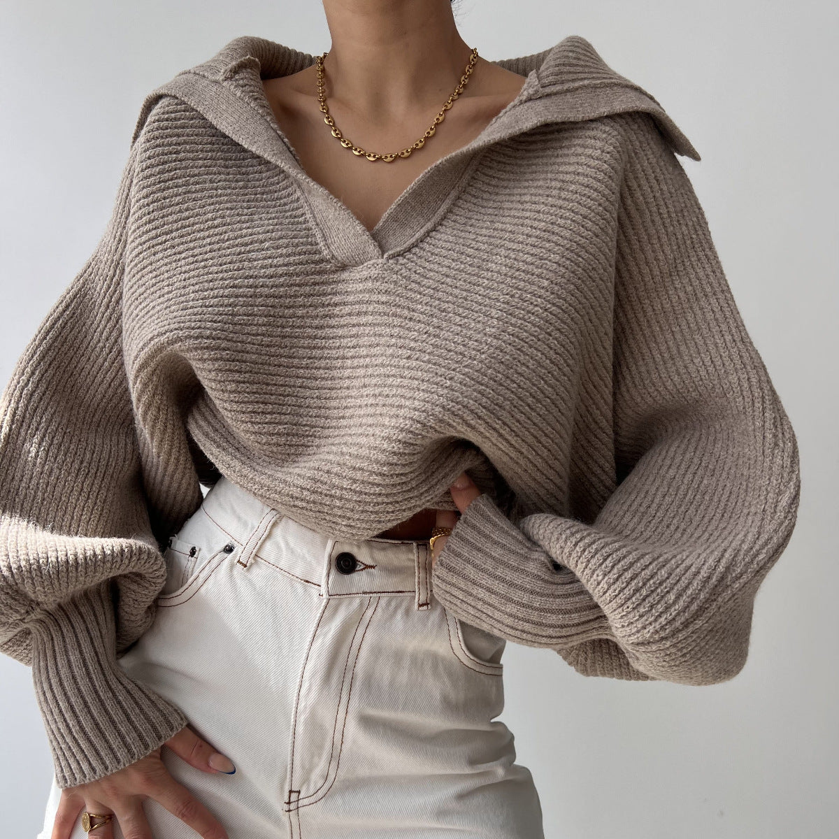 Copenhagen Crop Top Sweater,  Lazy Loose Lantern Sleeve Open Collar Women's Short Sweater loveyourmom Love Your Mom   