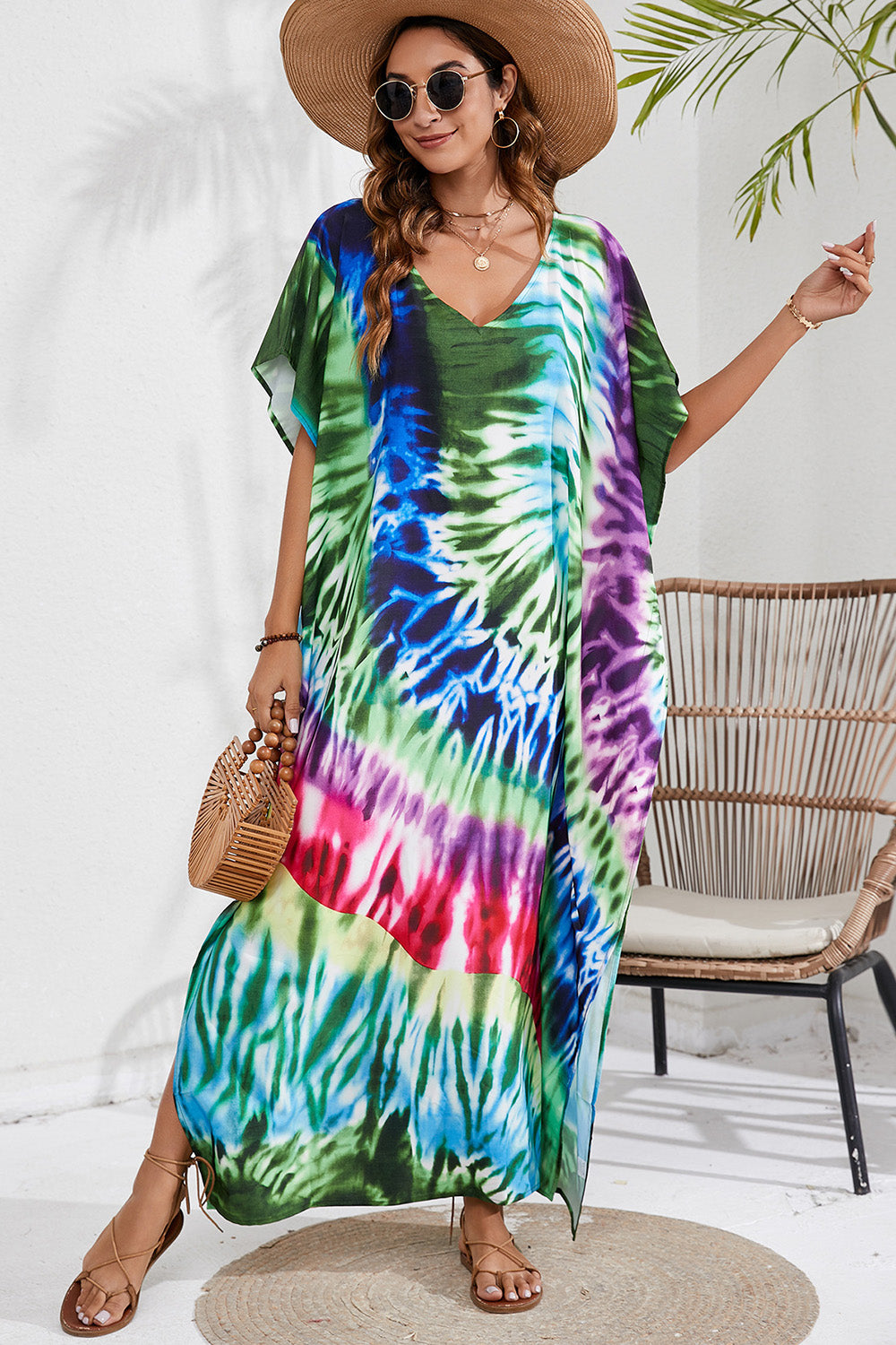 Colorful Printed V-Neck Short Sleeve Cover Up With Side Slit (12 Color Designs) swimwear Krazy Heart Designs Boutique