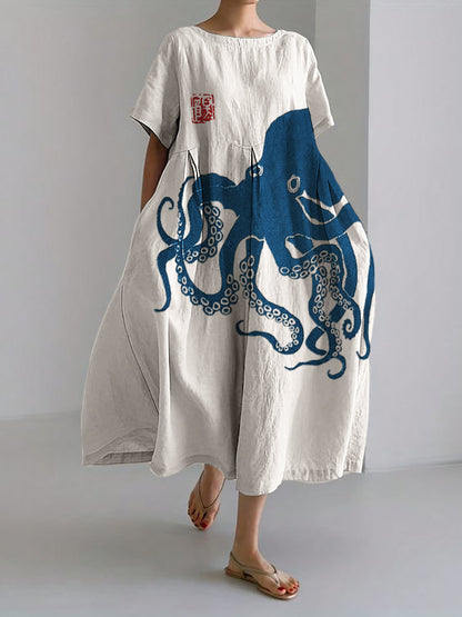 Gabriella® | Langes Kleid aus Leinenmischung mit japanischem Muster aus Octopus-Leinen