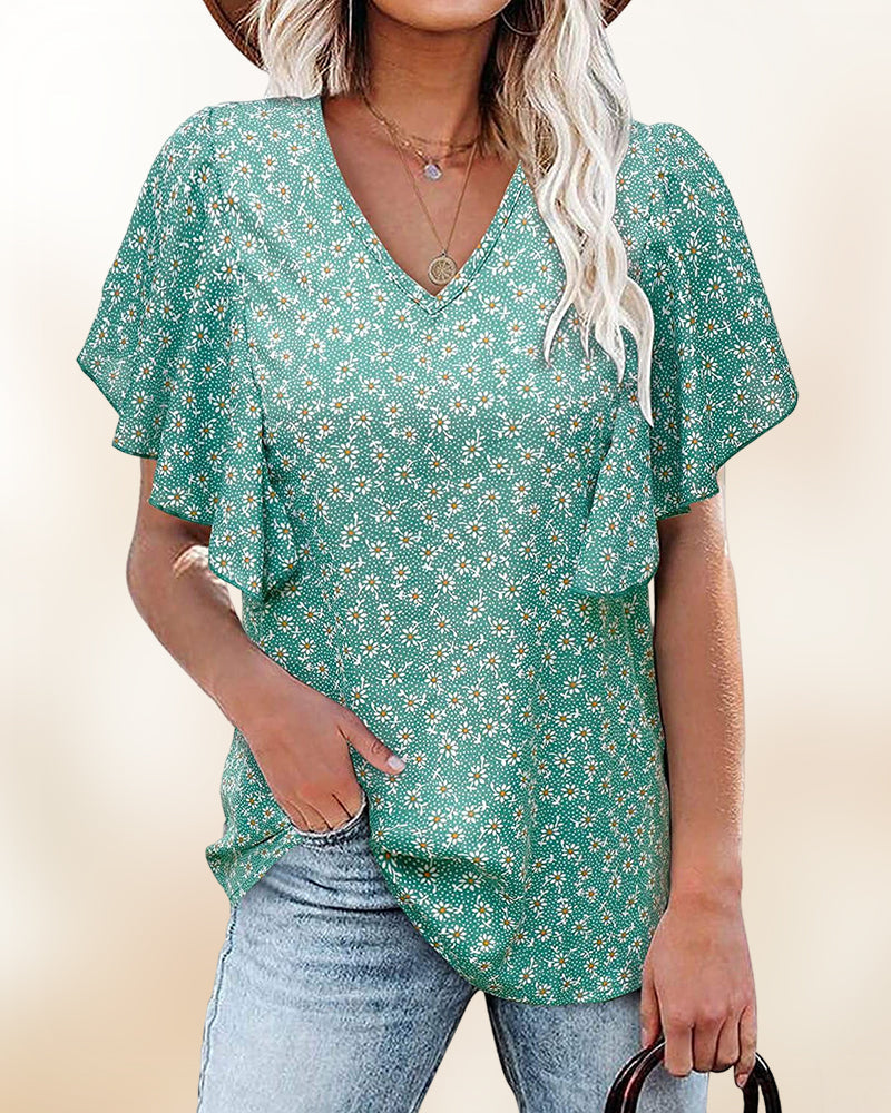 Trina® | Kurzärmelige Bluse mit V-Ausschnitt und Blumendruck