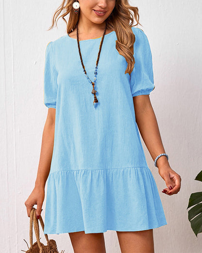 Cotton Linen Dress with Puff Sleeves Blue 23BF Casual Dresses Clothes cotton and linen Dresses Spring Summer