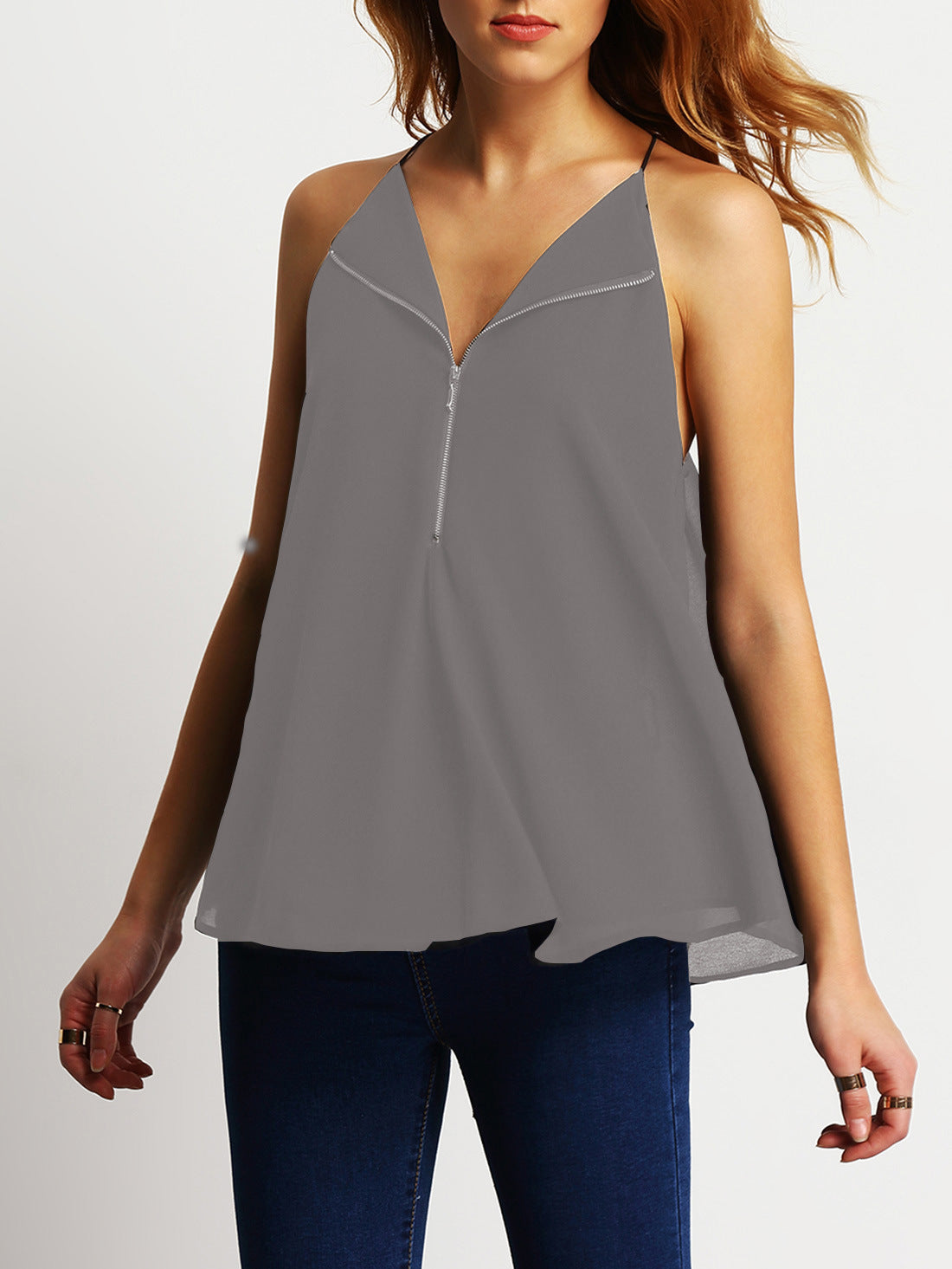 Zipper Spaghetti Strap Chiffon Casual Falbala Sleeveless Blouse