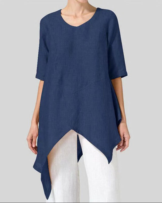 Round Neck Half Sleeve Top T Shirt With Pockets Irregular Length Top