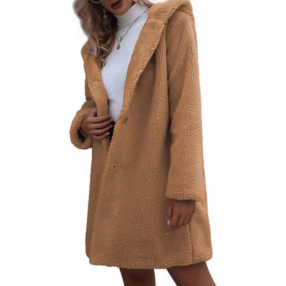 Women's Hooded Mid-Length Plush Coat in 2 Colors S-XL - Wazzi's Wear