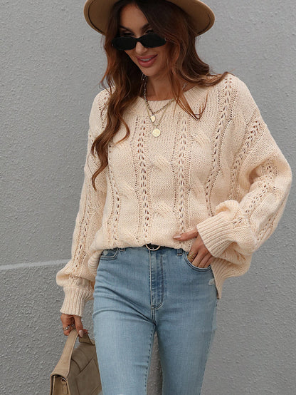 Rosy Brown One On One Cable-Knit Openwork Round Neck Sweater