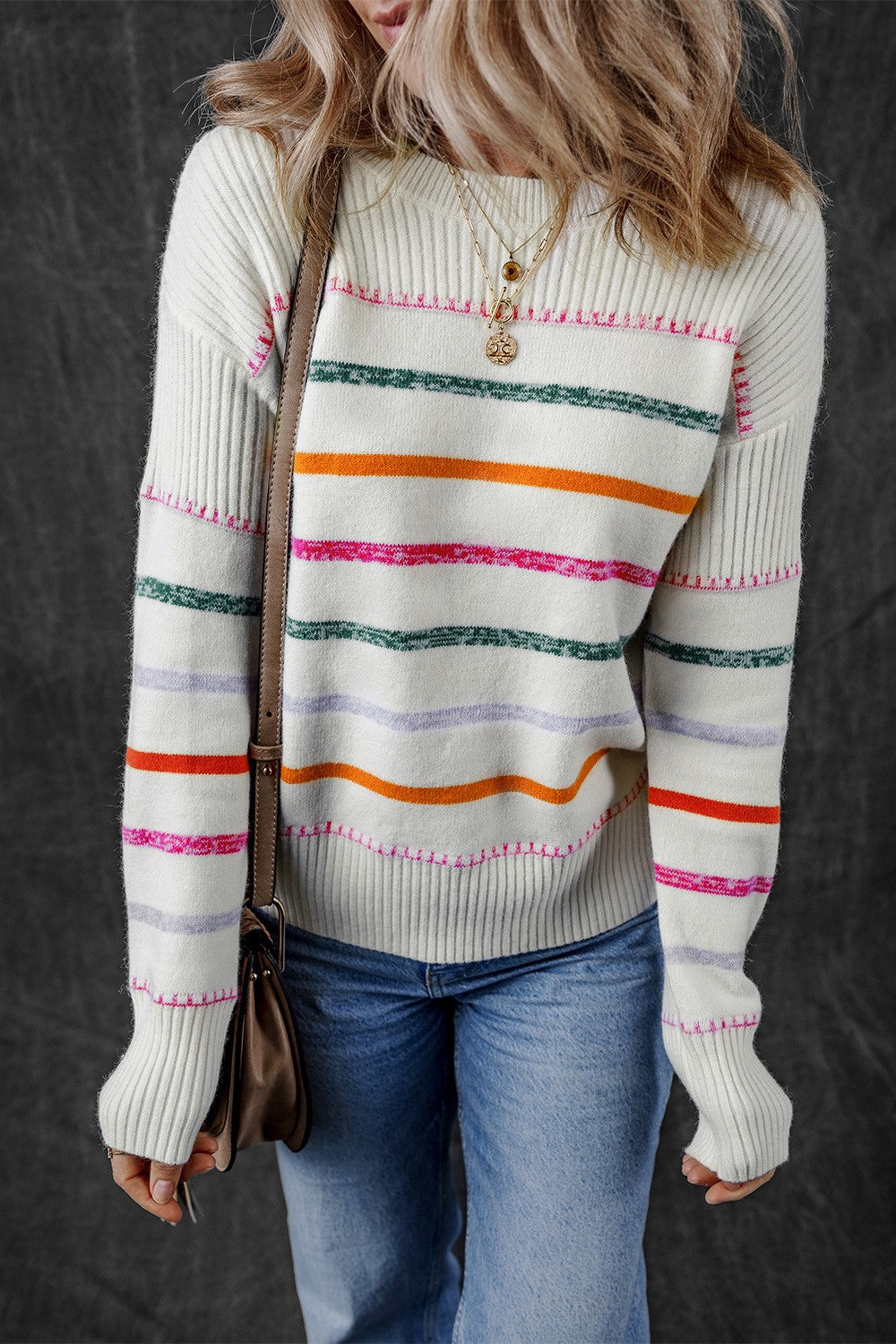 Striped Round Neck Dropped Shoulder Sweater - Sydney So Sweet