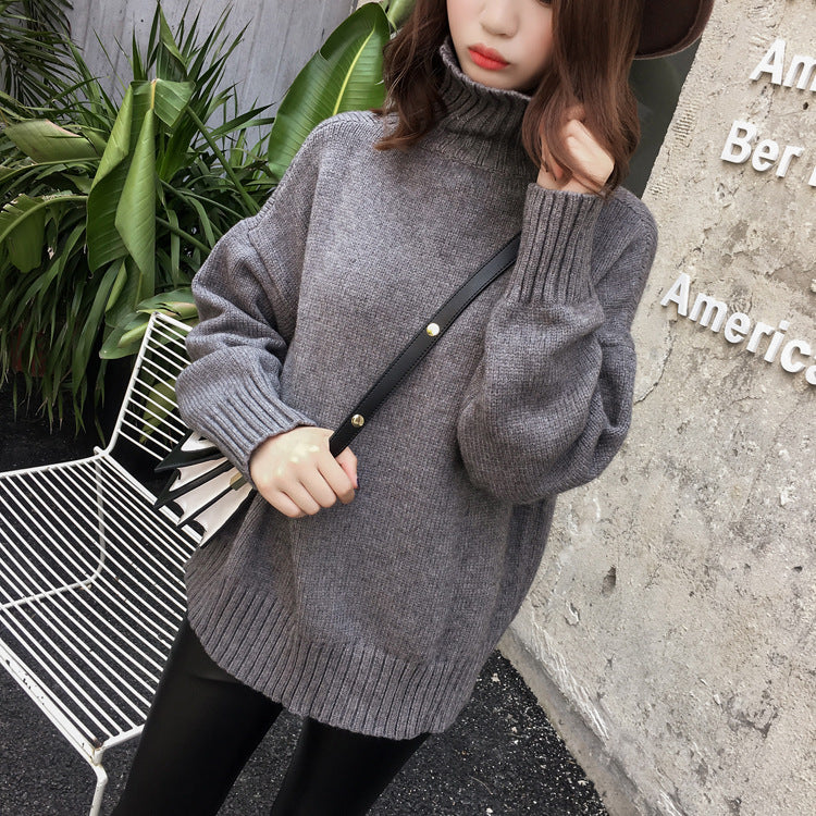 Solid Color Loose High Neck Knit Pullover Sweater