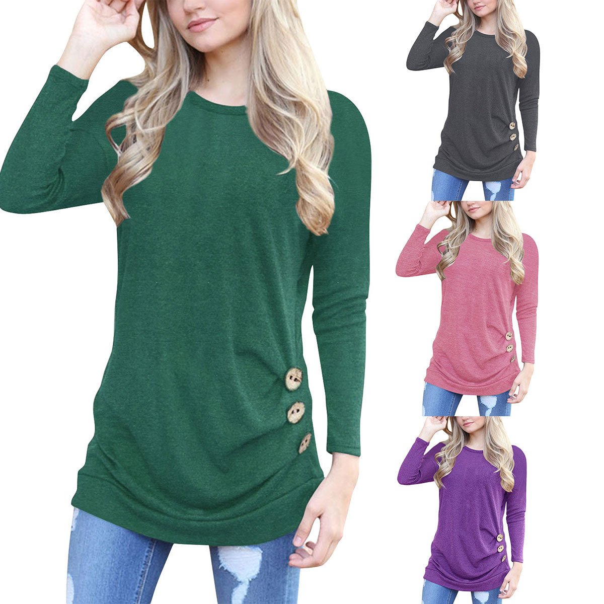 Candy Color Round Neck Long Sleeves Button T-shirt