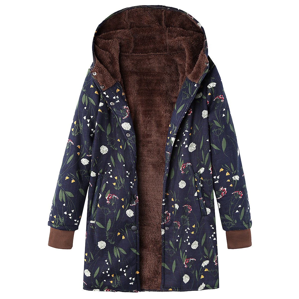 Floral Print Hooded Long Sleeve Pockets Vintage Jacket Coats - MRSLM