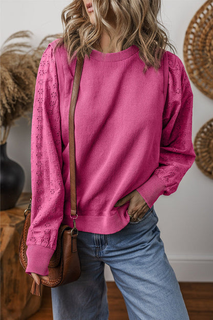 Eyelet Round Neck Long Sleeve Sweatshirt - Sydney So Sweet