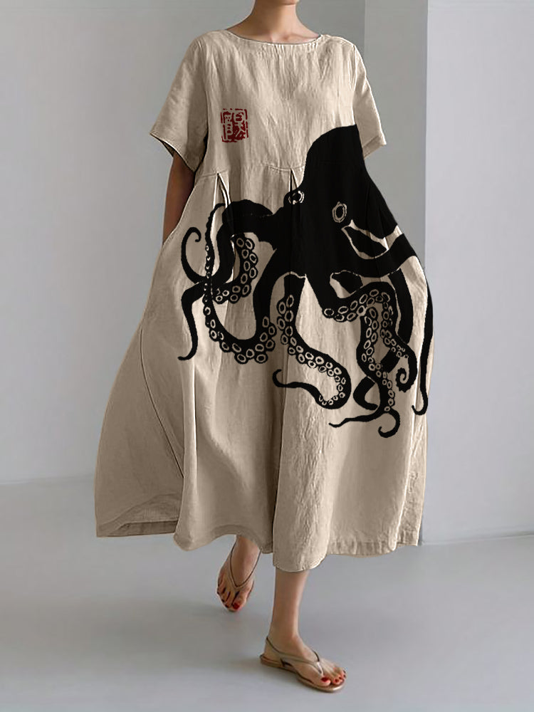 Gabriella® | Langes Kleid aus Leinenmischung mit japanischem Muster aus Octopus-Leinen