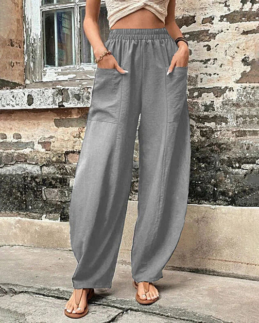 Solid Color Bottoms Elastic Waisted Pant Summer Baggy Trousers Straight Leg Pants