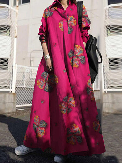 Retro Floral Print Lapel Bohemian Loose Long Sleeve Maxi Shirt Pocket Women Maxi Dress