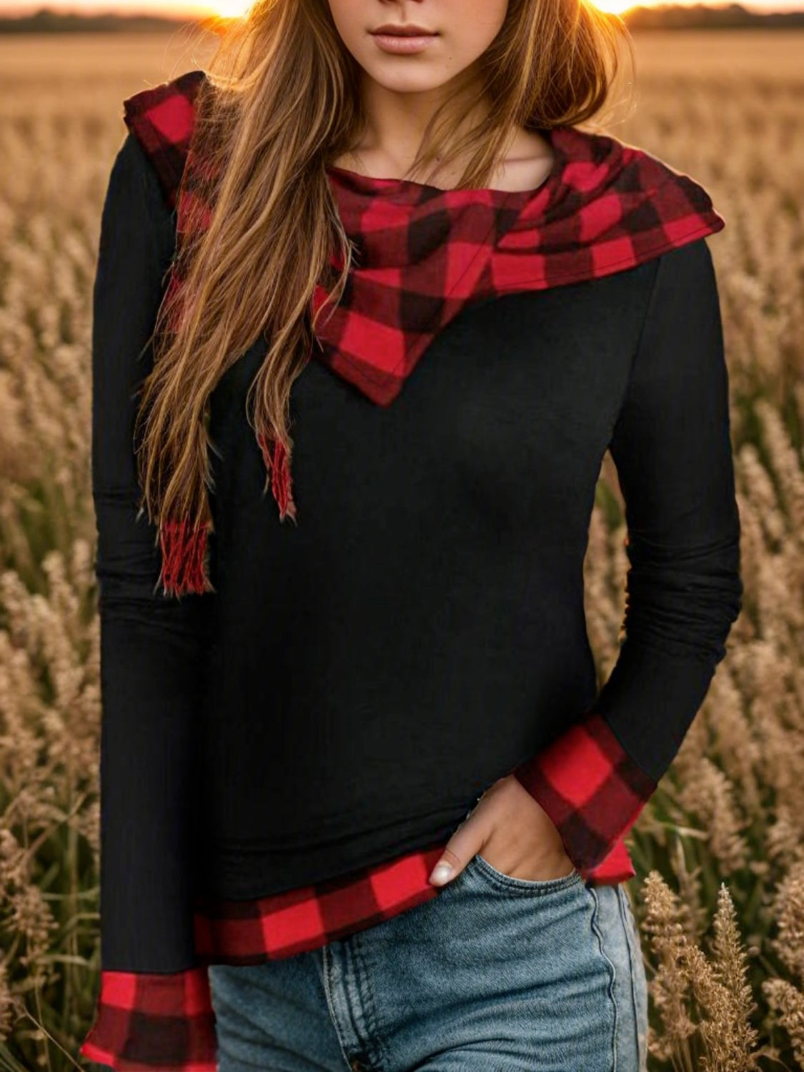 Plaid Long Sleeve Hooded Blouse - Shimmervee