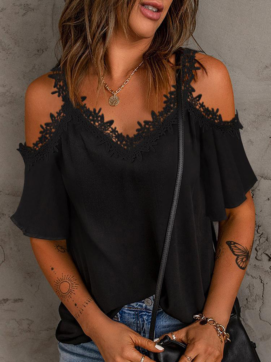 Lace Detail V-Neck Half Sleeve Blouse (2 Colors) Shirts & Tops Krazy Heart Designs Boutique