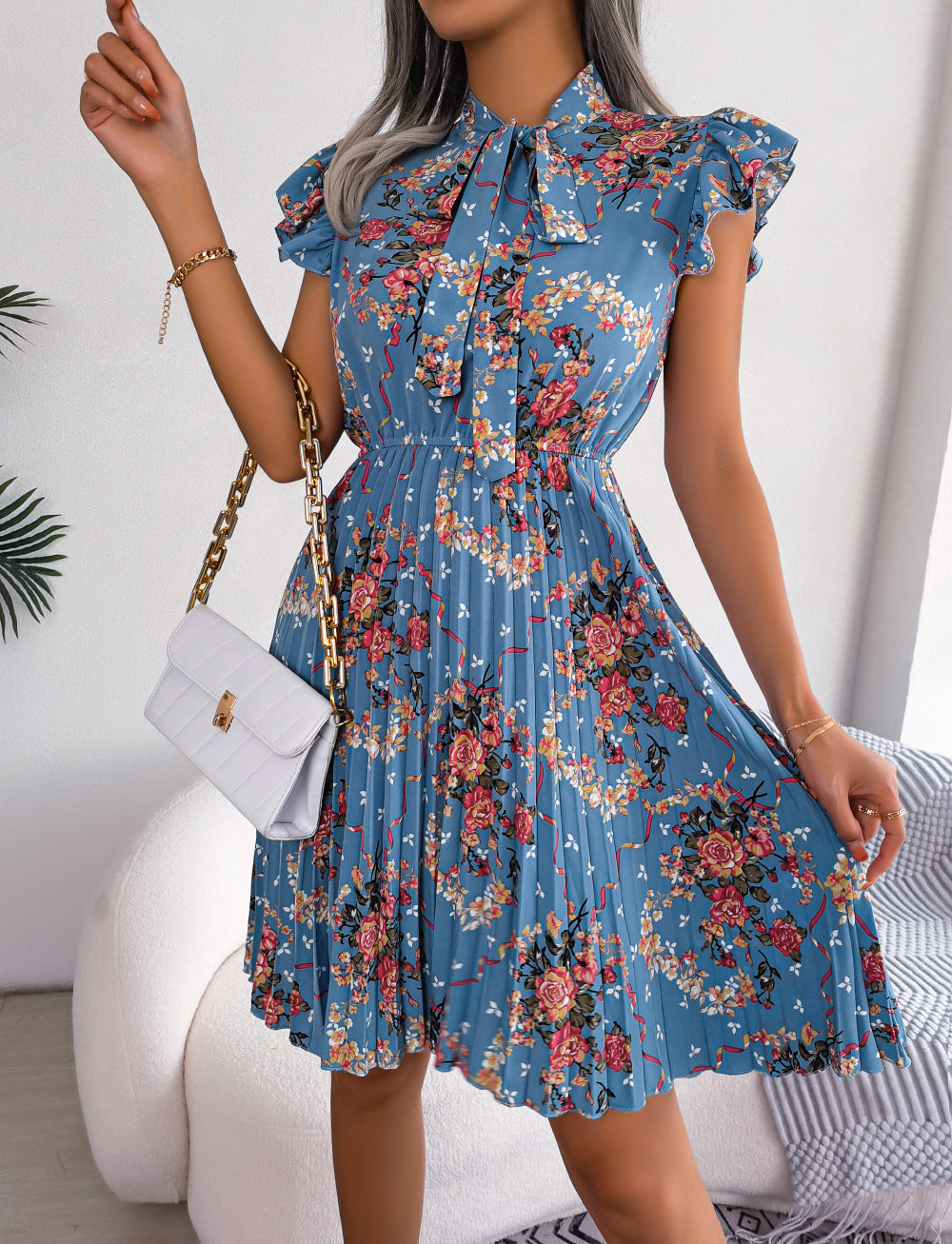 Pleated Floral Printed Tie Neck Knee Length Short Sleeve Dress Teal B.J.S casual dress casual dresses clothes dress dresses Ship From Overseas short dress short dresses short sleeve dress short sleeve dresses