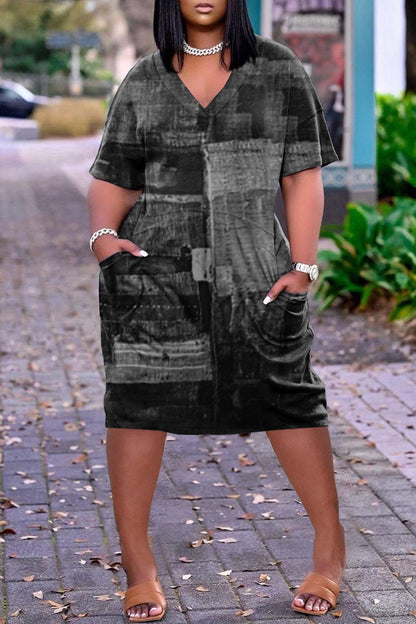 Rodress-freeshipping-plus-size-v-neck-print-pocket-dress