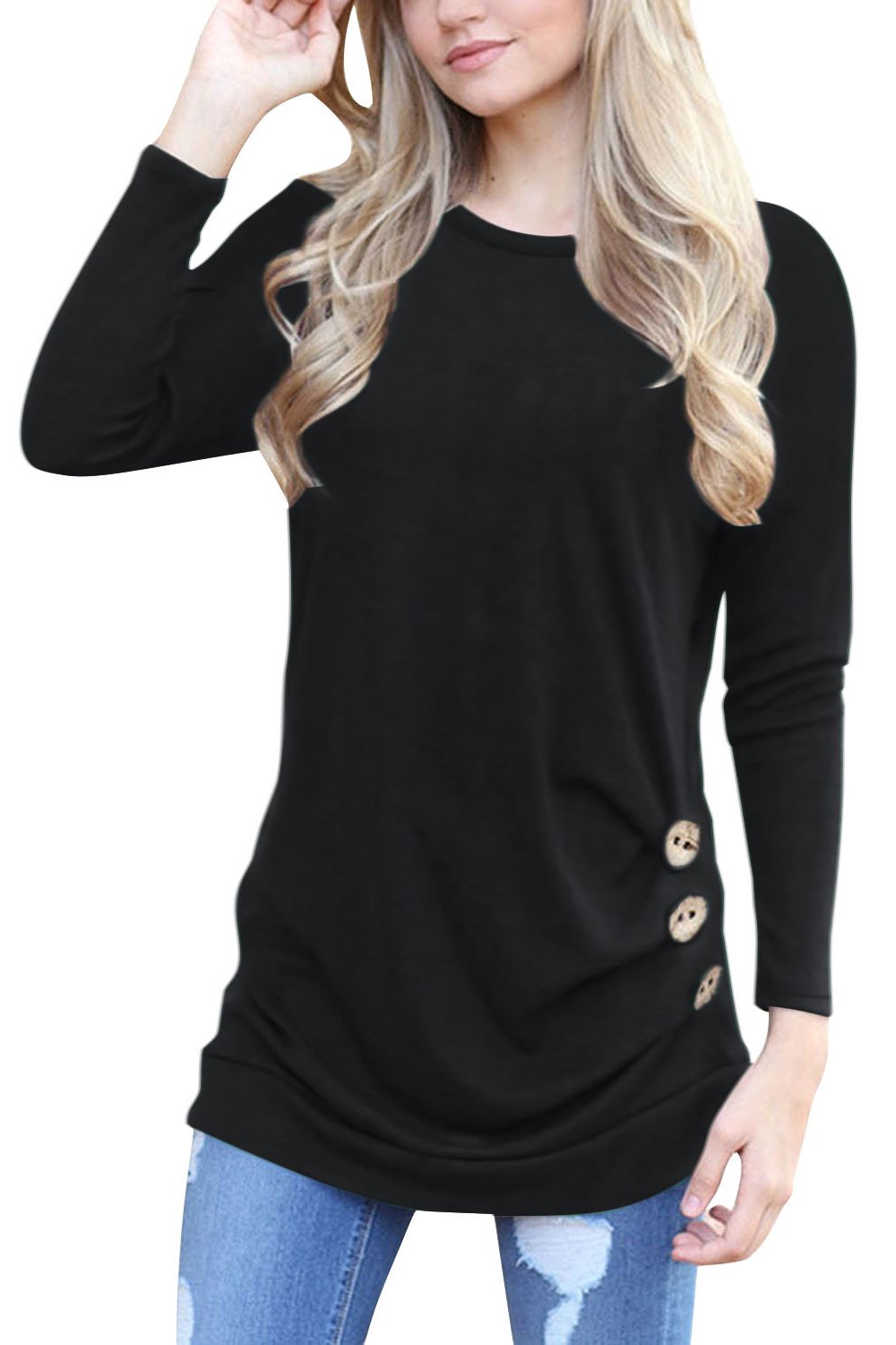 Candy Color Round Neck Long Sleeves Button T-shirt