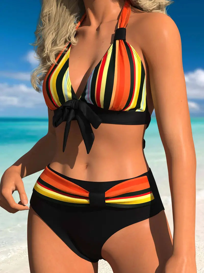 Jacqueline® | Bunter Streifendruck Halter Bikini mit Kordelzug