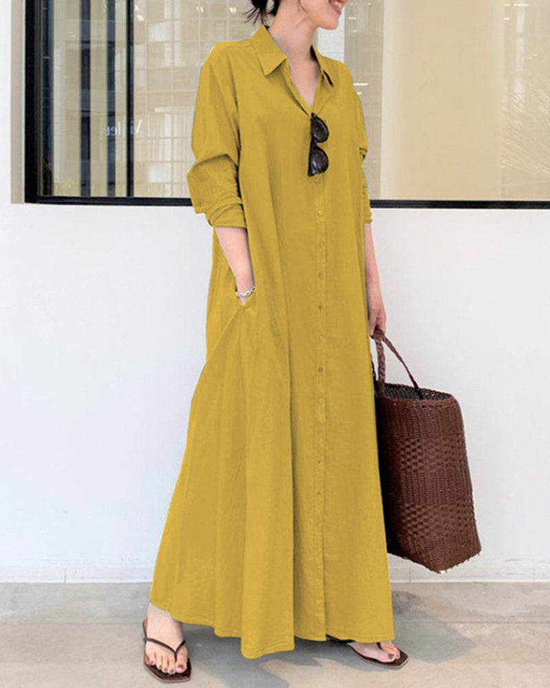 Beach Casual Cotton Linen Solid Color Loose Temperament Long Shirt Dress