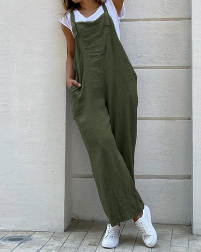 Overalls Jumpsuits Plain Casual Loose Long Bib Harem Pants Rompers With Pocket