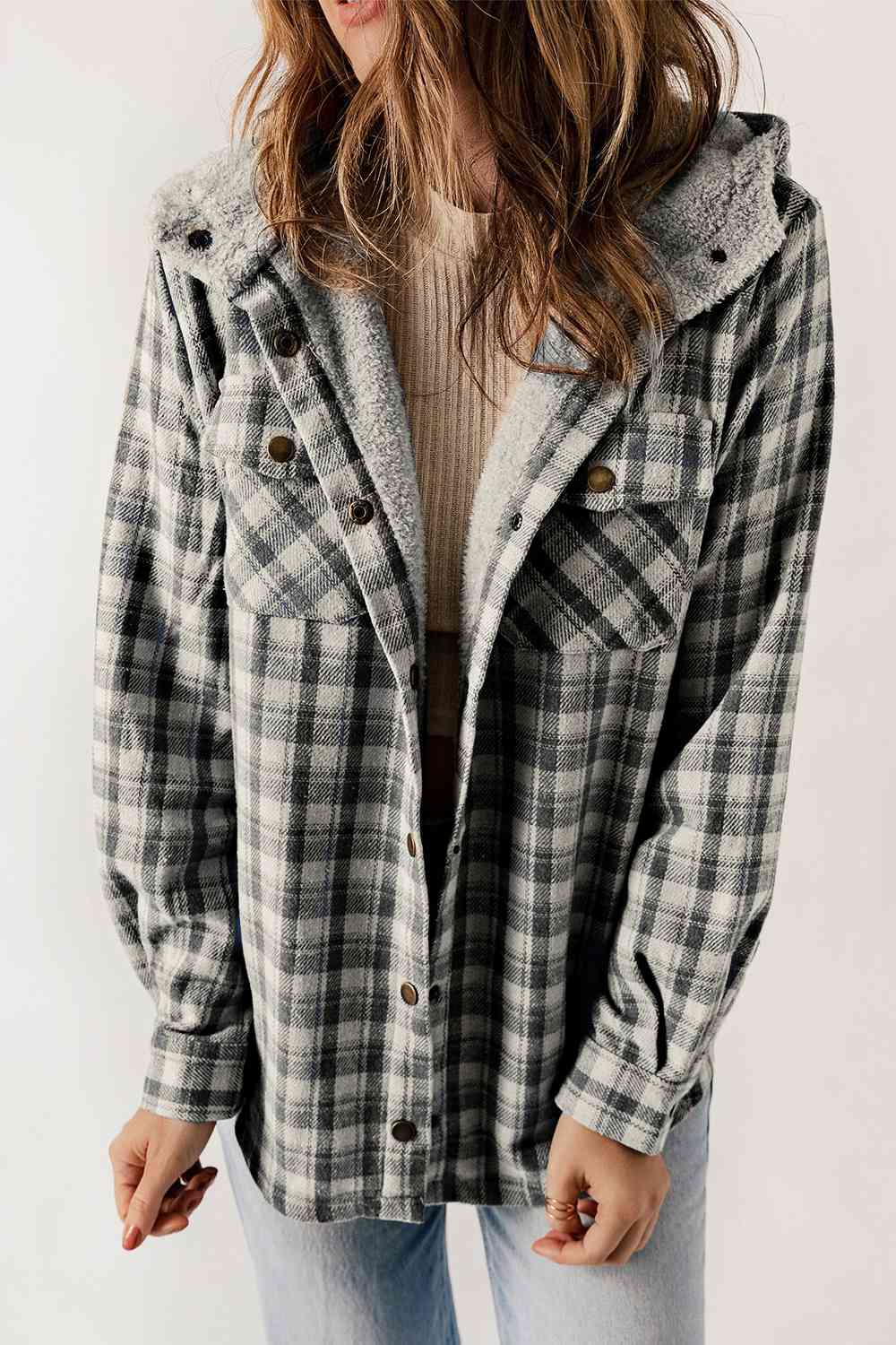 Plaid Snap Down Hooded Jacket - BEYOND FASHION