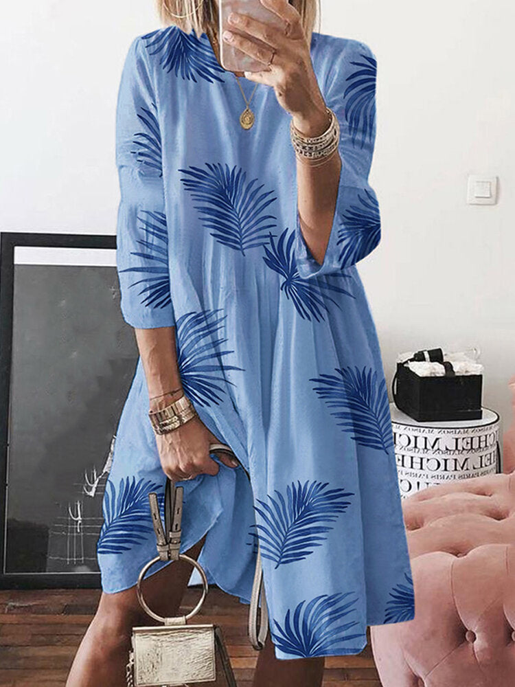 Floral Plant Print Long Sleeve Beach Holiday Loose Women Midi Dress