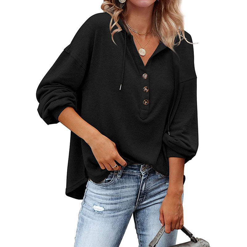 Women’s V-Neck Hooded Long Sleeve Shirt